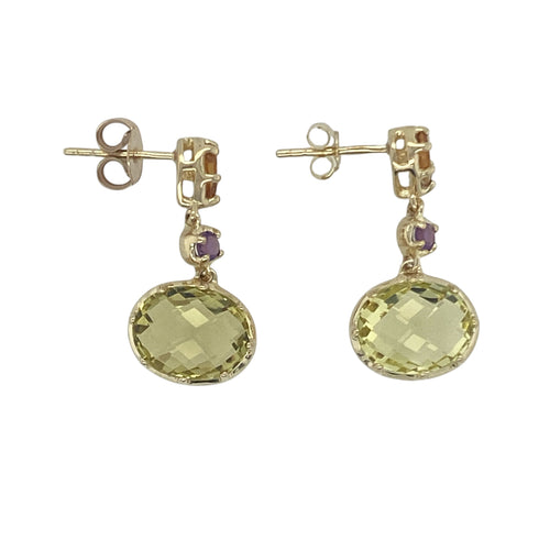 9ct Gold Peridot, Citrine & Amethyst Set Drop Earrings