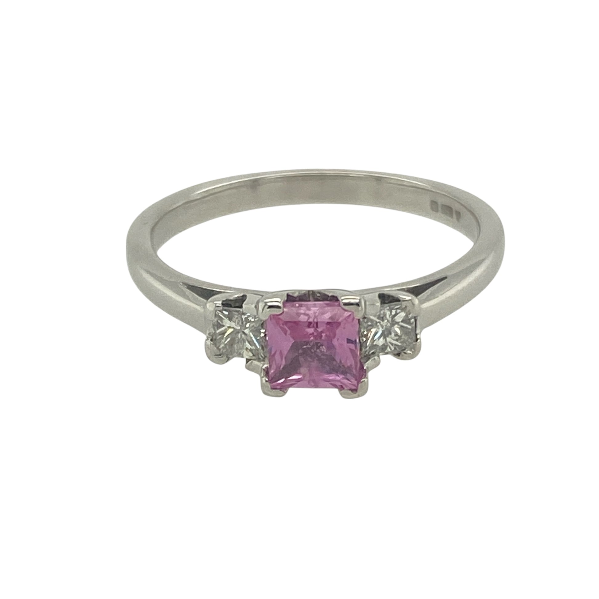 18ct White Gold Diamond & Pink Sapphire Set Trilogy Ring