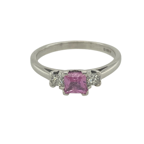 18ct White Gold Diamond & Pink Sapphire Set Trilogy Ring