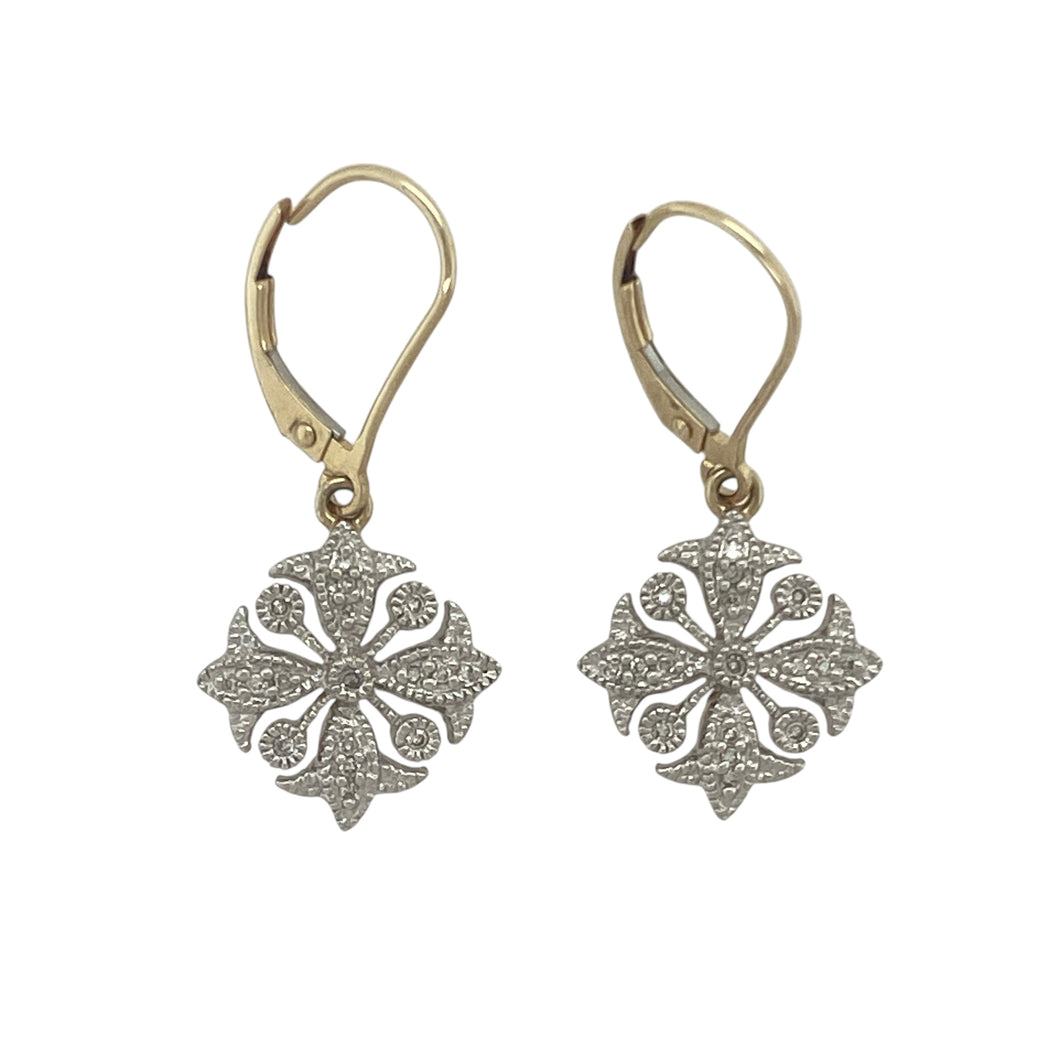 9ct Gold & Diamond Set Flower Style Drop Earrings