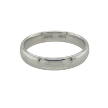Load image into Gallery viewer, Bring modern elegance and timeless simplicity to your collection with this pre-owned 9ct white gold wedding band ring, offering sleek sophistication and classic design — perfect for marking life’s most meaningful moments.

Design: This 4mm band features a clean, polished silhouette that balances presence and comfort, ideal for wearing alone or alongside other rings.
Material: Made from 9-carat white gold, the polished finish enhances its cool, luminous tone, adding a refined touch to any look.


