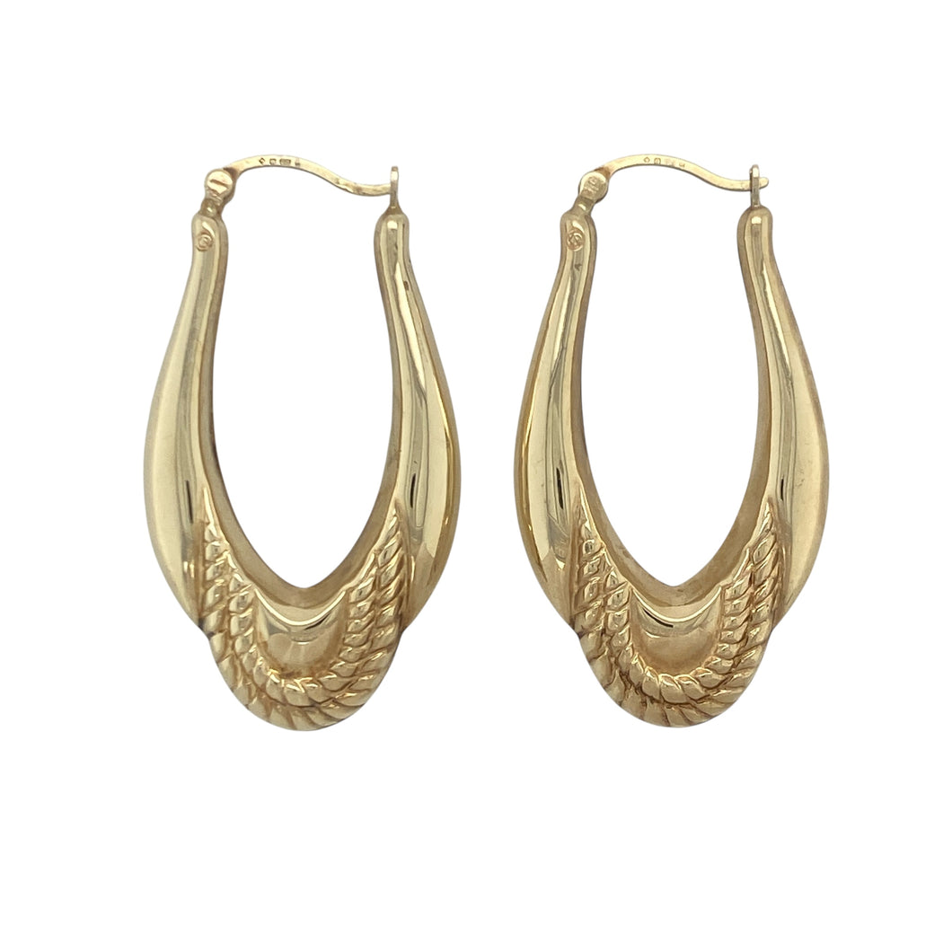 9ct Gold Patterned Long Oval Creole Earrings