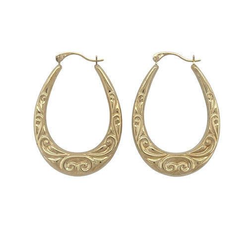 9ct Gold Patterned Oval Creole Earrings