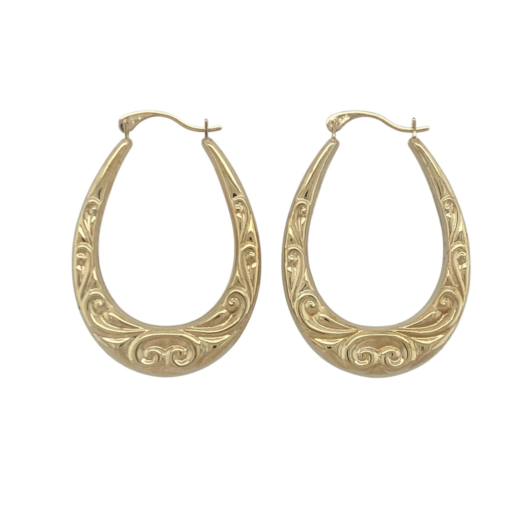 9ct Gold Patterned Oval Creole Earrings
