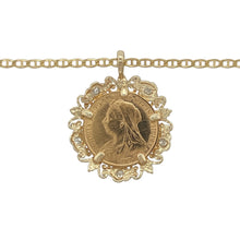 Load image into Gallery viewer, Bring historic charm and refined brilliance to your collection with this pre-owned 9ct yellow gold and diamond set floral surround pendant necklace—featuring a genuine 1900 Old Veil Head Victoria half sovereign coin for a touch of timeless prestige.

Design: The pendant measures 3.3cm in length including the bail and showcases a 22ct gold 1900 Old Veil Head Victoria half sovereign coin (London Mint), securely mounted within a 9ct yellow gold floral-inspired frame accented with sparkling diamonds.

