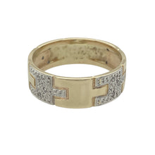 Load image into Gallery viewer, Add bold detail and modern edge to your jewellery collection with this pre-owned 9ct yellow and white gold band ring, featuring a geometric design and subtle diamond accents.

Design: The 7mm wide band showcases a contemporary geometric pattern in contrasting yellow and white gold, accented with small diamonds for a refined sparkle.
Material: Made from 9-carat yellow and white gold, the dual-tone finish creates a striking visual contrast and a sleek, polished look.

