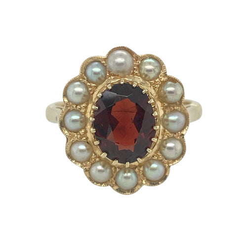 9ct Gold Garnet & Pearl Set Cluster Ring