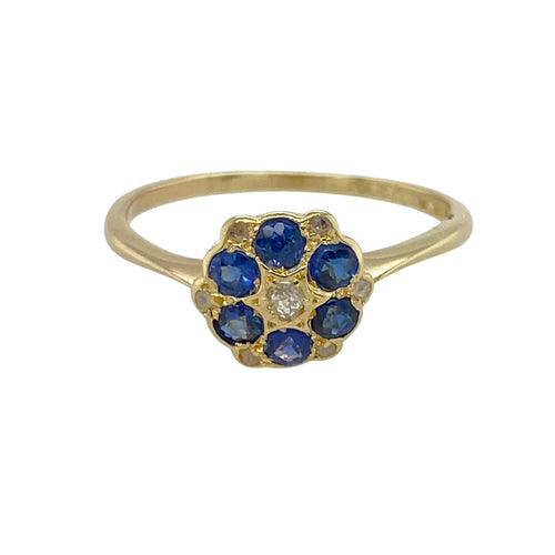 18ct Gold Diamond & Sapphire Set Vintage Style Flower Cluster Ring