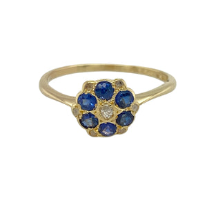 18ct Gold Diamond & Sapphire Set Vintage Style Flower Cluster Ring