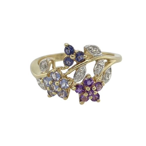 9ct Gold Diamond & Gemstone Set Flower Vine Ring
