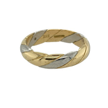 Load image into Gallery viewer, Add a touch of modern elegance to your jewellery collection with this pre-owned 18ct yellow and white gold twist band ring—striking in its simplicity and perfect for everyday sophistication.

Design: The ring features an interwoven twist design combining yellow and white gold, creating a fluid, sculptural look with a contemporary edge.
Material: Made from 18-carat yellow and white gold, the high-polish finish enhances the contrast between the metals for a refined two-tone effect.

