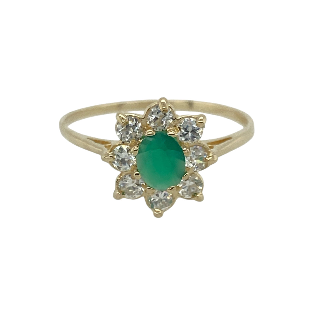 9ct Gold Green Stone & Cubic Zirconia Set Flower Cluster Ring