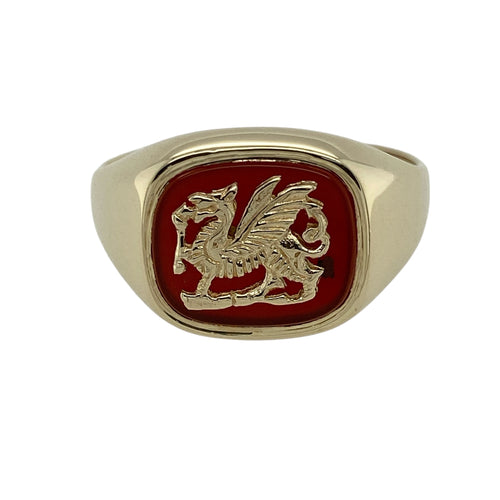 9ct Gold & Red Stone Backed Welsh Dragon Signet Ring