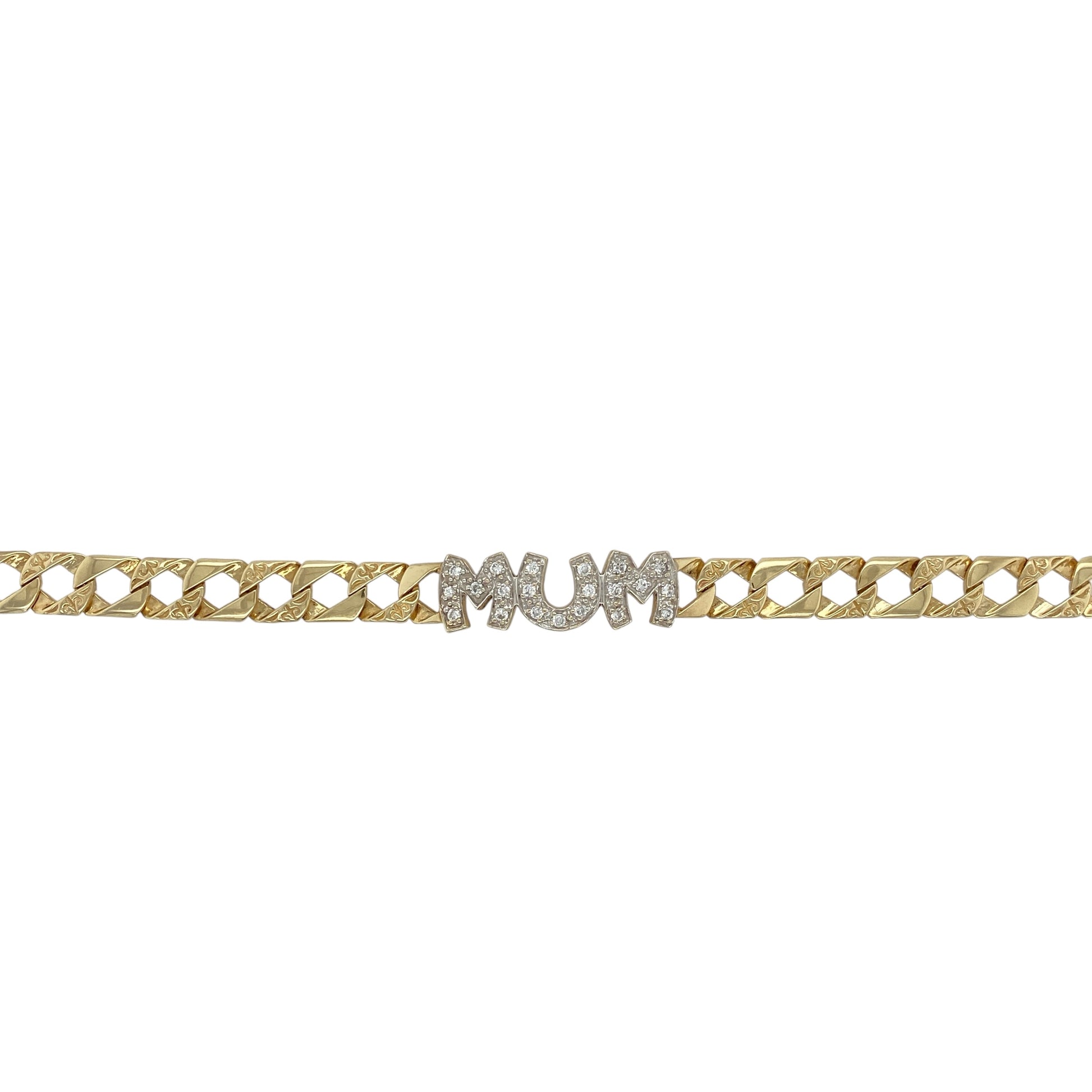 Bold and sentimental, this pre-owned 9ct yellow gold 'Mum' bracelet features sparkling cubic zirconia and a distinctive patterned design—perfect for celebrating a special bond with timeless style.

Design: The bracelet showcases a 7" Thailand-style patterned link chain, 7mm wide, with a central 'Mum' panel accented by shimmering cubic zirconia for added sparkle and meaning.
