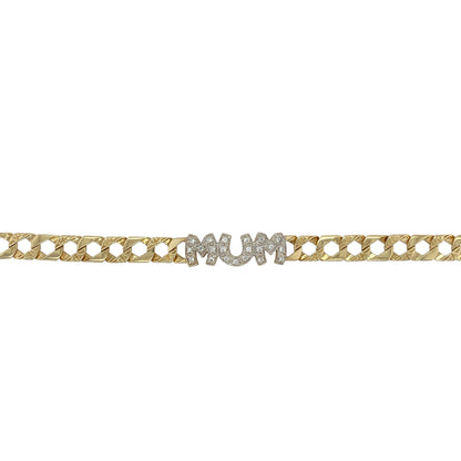 Bold and sentimental, this pre-owned 9ct yellow gold 'Mum' bracelet features sparkling cubic zirconia and a distinctive patterned design—perfect for celebrating a special bond with timeless style.

Design: The bracelet showcases a 7" Thailand-style patterned link chain, 7mm wide, with a central 'Mum' panel accented by shimmering cubic zirconia for added sparkle and meaning.

