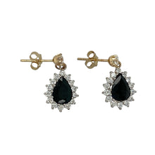 Load image into Gallery viewer, 9ct Gold Sapphire &amp; Cubic Zirconia Set Teardrop Cluster Drop Earrings
