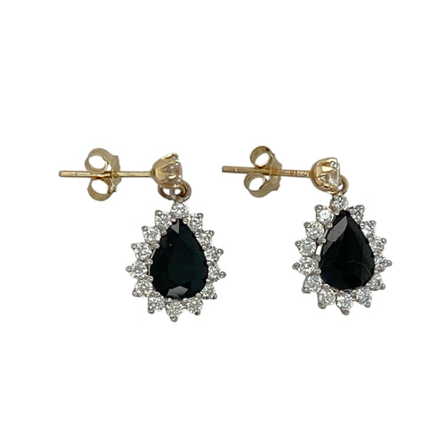 9ct Gold Sapphire & Cubic Zirconia Set Teardrop Cluster Drop Earrings