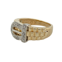 Load image into Gallery viewer, Bring symbolic style and refined sparkle to your jewellery collection with this pre-owned 9ct yellow gold diamond buckle ring—perfect for making a meaningful statement with timeless appeal.

Design: The ring features a 9mm high buckle motif, partially set with diamonds for a subtle shimmer, symbolising strength, loyalty, and commitment.
Material: Made from 9-carat yellow gold, the polished finish enhances the warm golden tone and the brilliance of the diamonds.

