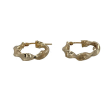Load image into Gallery viewer, Bring delicate texture and classic shine to your jewellery collection with these pre-owned 9ct yellow gold patterned small hoop creole earrings—perfect for subtle everyday elegance.

Design: Each earring features a small hoop creole shape with fine patterned detailing for added texture and visual interest.
Material: Made from 9-carat yellow gold, the polished finish enhances the warm golden tone and highlights the decorative design.

