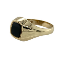 Load image into Gallery viewer, Bring bold style and timeless appeal to your jewellery collection with this pre-owned 9ct yellow gold onyx set rectangle signet ring—perfect for a classic and confident look.

Design: The ring features a 7mm by 6mm rounded rectangle onyx stone at the centre, offering a smooth, deep black finish for striking contrast against the gold.
Material: Made from 9-carat yellow gold, the polished finish enhances the warm golden tone and frames the onyx beautifully.

