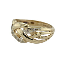 Load image into Gallery viewer, Bring unique charm and intricate detail to your collection with this pre-owned 9ct yellow gold diamond Celtic weave ring—perfect for those who appreciate symbolic design and a touch of sparkle.

Design: The ring showcases an openwork Celtic weave pattern at the front, highlighted by a single diamond for subtle brilliance.
Material: Made from 9-carat yellow gold, the polished finish enhances the intricate design and adds a warm, classic tone.

