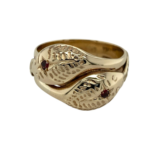 9ct Gold & Garnet Set Double Head Snake Ring