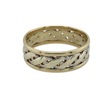 Load image into Gallery viewer, Bring unique style and contrasting tones to your collection with this pre-owned 9ct yellow and white gold open weave band ring—perfect for adding texture and interest to your everyday look.

Design: The ring features a 6mm wide band with an open weave pattern, combining yellow and white gold for a striking two-tone effect.
Material: Made from 9-carat yellow and white gold, the polished finish enhances the contrast between the metals and highlights the intricate design.

