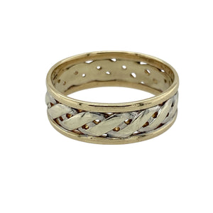 Bring unique style and contrasting tones to your collection with this pre-owned 9ct yellow and white gold open weave band ring—perfect for adding texture and interest to your everyday look.

Design: The ring features a 6mm wide band with an open weave pattern, combining yellow and white gold for a striking two-tone effect.
Material: Made from 9-carat yellow and white gold, the polished finish enhances the contrast between the metals and highlights the intricate design.
