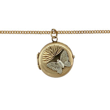 Load image into Gallery viewer, Bring delicate charm and two-tone elegance to your collection with this pre-owned 9ct yellow and white gold round butterfly locket on an 18&quot; curb chain—perfect for carrying treasured memories in style.

Design: The necklace features a 2cm long round locket, including the bail, adorned with a detailed butterfly motif in contrasting yellow and white gold.
Material: Made from 9-carat yellow and white gold, the polished finish enhances the warm and bright tones while highlighting the intricate design.

