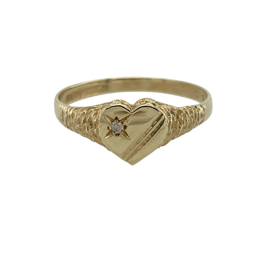 9ct Gold & Diamond Set Patterned Heart Signet Ring