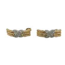 Load image into Gallery viewer, Bring bold design and intricate detail to your collection with these pre-owned 9ct yellow and white gold diamond kiss rope style bar stud earrings—perfect for making a statement with refined sparkle.

Design: Each earring features a rope-textured bar in yellow gold, crossed with a white gold ‘kiss’ design accented by diamonds for added brilliance.
Material: Made from 9-carat yellow and white gold, the two-tone finish offers contrast and depth while enhancing the sparkle of the diamonds.

