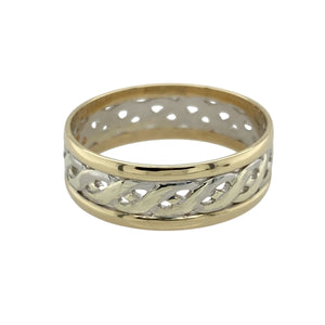 Bring symbolic design and timeless style to your collection with this pre-owned 9ct yellow and white gold Celtic open weave band ring—perfect for those who appreciate meaningful patterns with a touch of elegance.

Design: The 7mm wide band features an intricate open weave Celtic pattern, framed by polished white gold edges for contrast and definition.
Material: Made from 9-carat yellow and white gold, the two-tone finish enhances the intricate design and adds visual depth.
