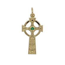 Load image into Gallery viewer, 9ct Gold &amp; Green Stone Set Celtic Patterned Cross Pendant
