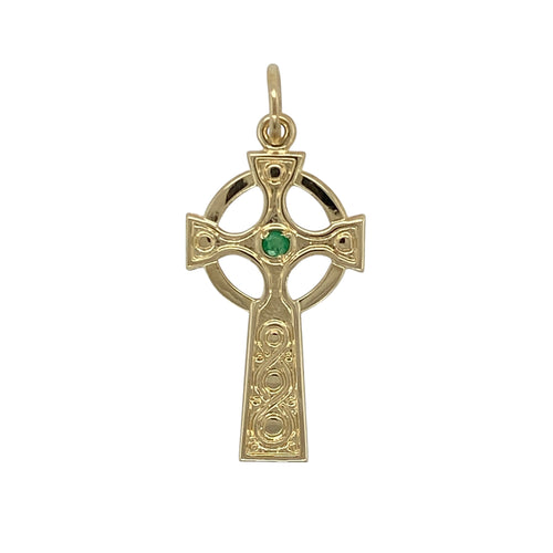 9ct Gold & Green Stone Set Celtic Patterned Cross Pendant