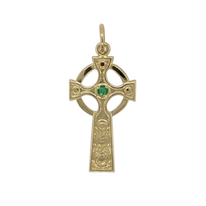 9ct Gold & Green Stone Set Celtic Patterned Cross Pendant