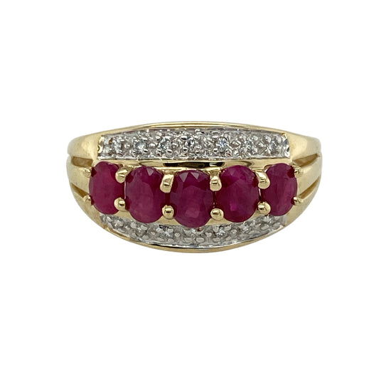 9ct Gold Diamond & Ruby Set Band Ring