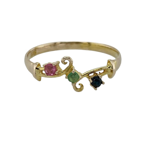 9ct Gold Ruby, Emerald & Sapphire Scroll Detail Ring