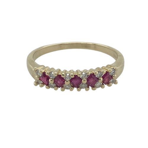 9ct Gold Diamond & Ruby Set Band Ring