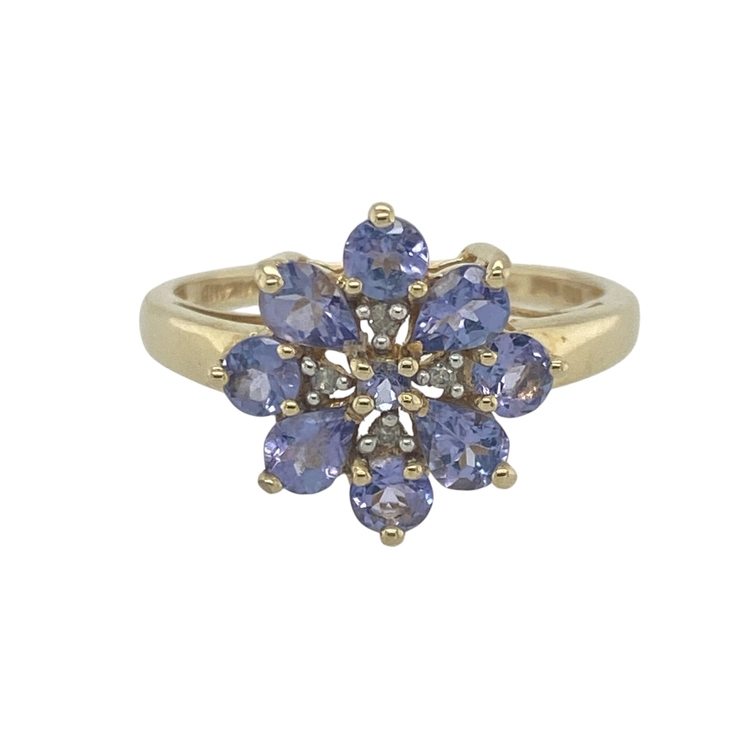 14ct Gold Diamond & Tanzanite Set Flower Cluster Ring