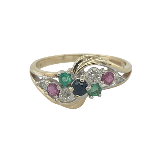 9ct Gold Diamond Sapphire Emerald & Ruby Set Cluster Ring