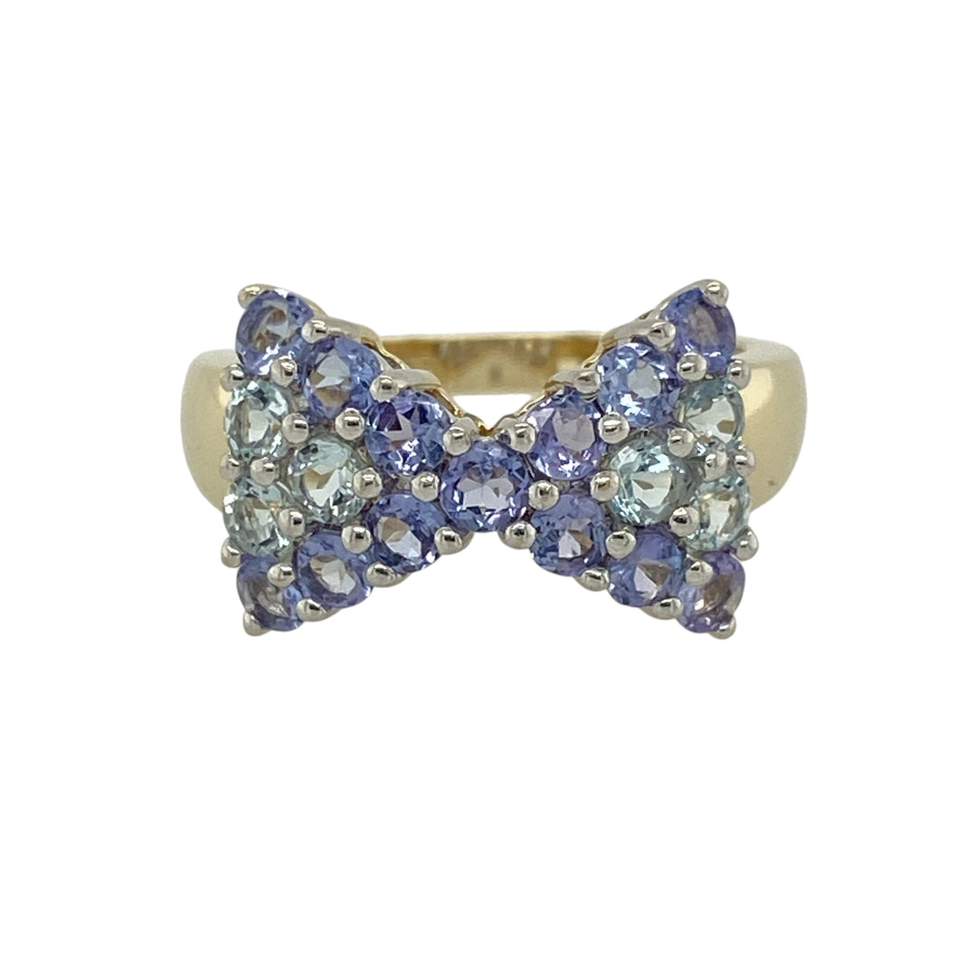 9ct Gold Tanzanite & Blue Topaz Set Bow Style Cluster Ring