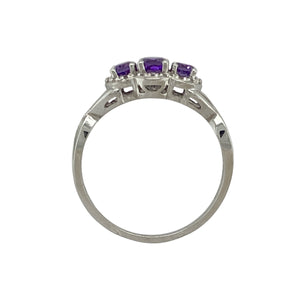 9ct White Gold Diamond & Amethyst Set Trilogy Halo Ring