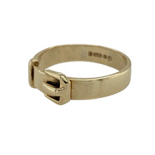 Load image into Gallery viewer, Bring symbolic style and timeless character to your collection with this pre-owned 9ct yellow gold buckle ring, a classic design representing strength, loyalty, and protection—perfect for everyday wear or as a meaningful keepsake.

Design: The ring features a buckle motif at the front measuring 6mm wide, detailed with polished curves and definition for a bold yet elegant look.
Material: Made from 9-carat yellow gold, the polished finish enhances the warm tone and adds depth to the buckle design.
