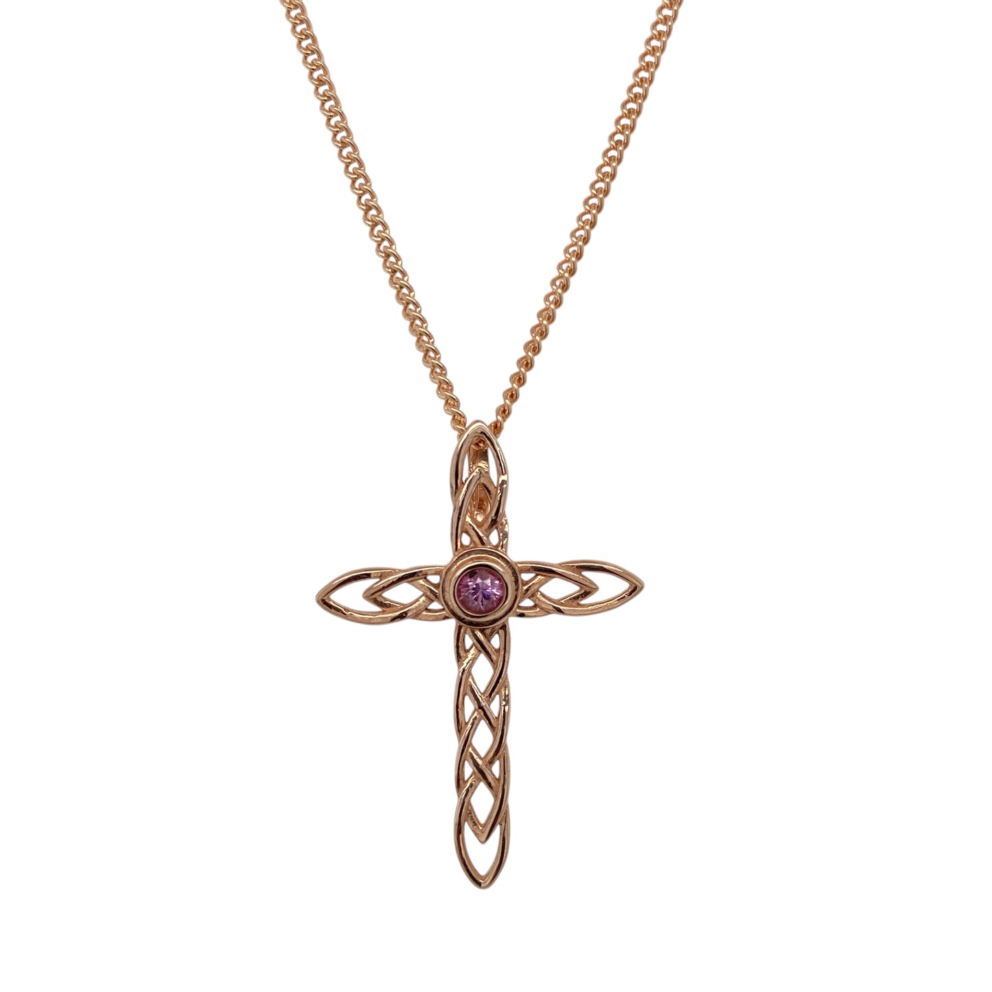9ct Gold & Pink Sapphire Set Clogau Celtic Cross 18" Necklace