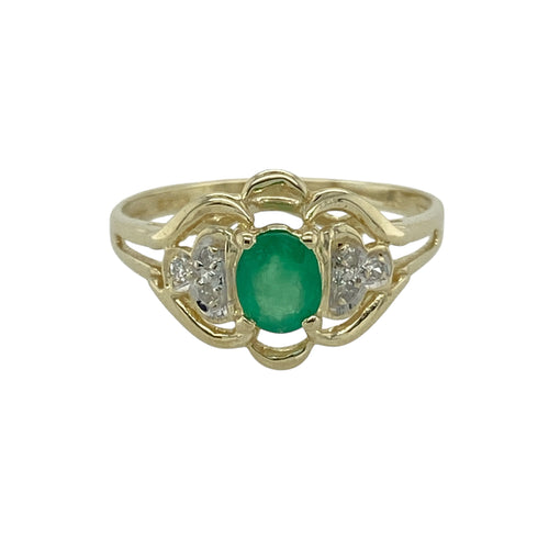 9ct Gold Diamond & Emerald Set Filigree Setting Ring
