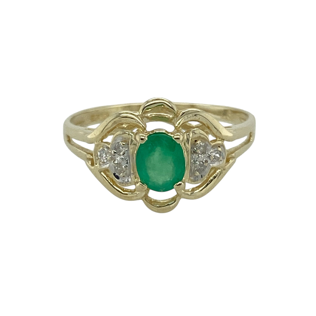 9ct Gold Diamond & Emerald Set Filigree Setting Ring