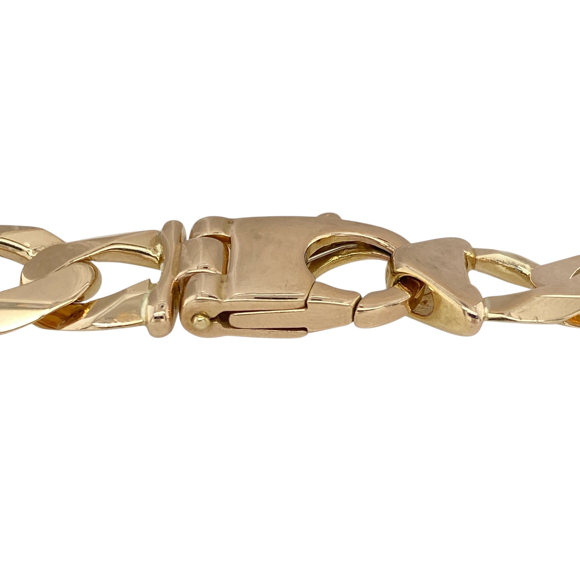 Make a powerful statement with this pre-owned 9ct yellow solid gold curb bracelet, a substantial design with bold presence—perfect for those who appreciate standout jewellery.

Design: The bracelet features classic curb links, measuring an impressive 15mm in width for maximum impact.
Material: Made from solid 9-carat yellow gold, the polished finish enhances the warm tone and ensures lasting durability.
