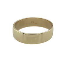 Load image into Gallery viewer, Bring timeless simplicity and rich golden tones to your collection with this pre-owned 9ct yellow gold wedding band ring—an enduring symbol of love and commitment.

Design: The ring features a classic 6mm band with a smooth polished finish, offering a traditional and elegant style.
Material: Made from 9-carat yellow gold, the warm tone and shine create a refined and versatile appearance.
