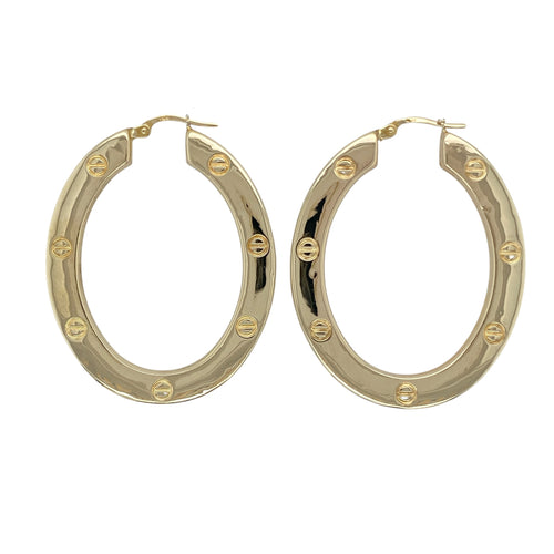 9ct Gold Large Oval Screw Detail Creole Earrings