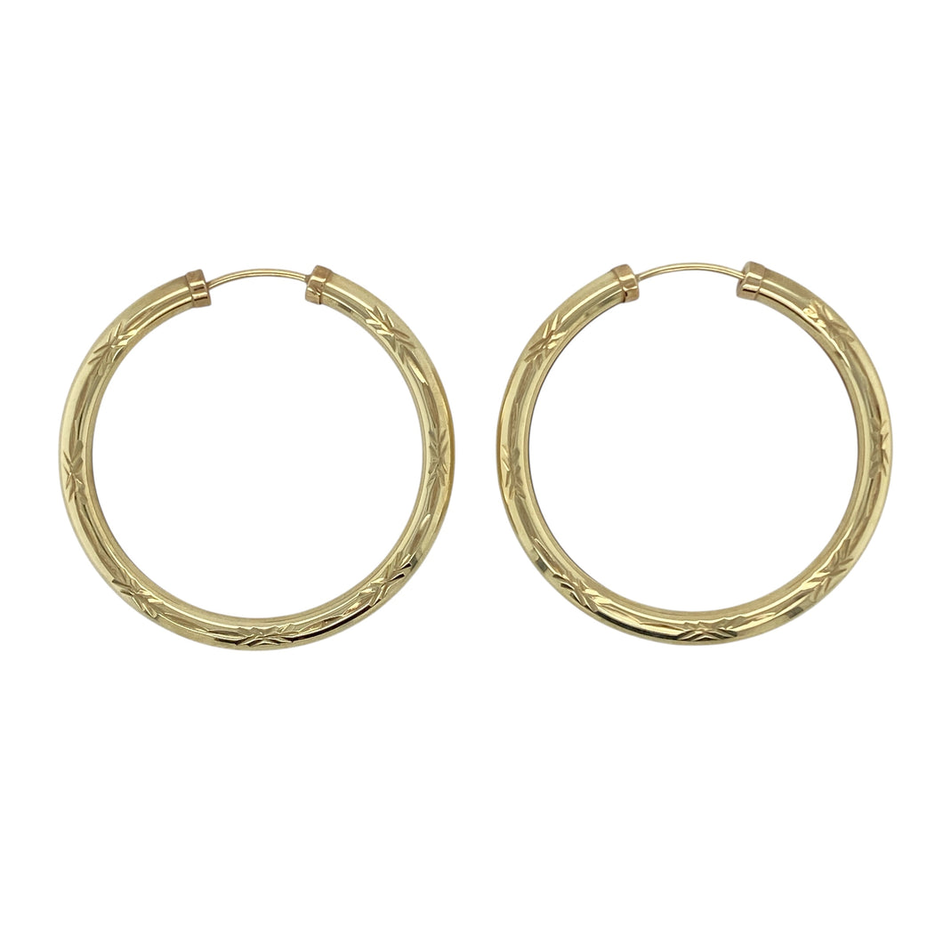 9ct Gold Patterned Hollow Hoop Earrings